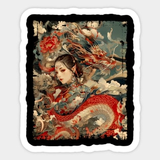 Asian Dragon with Girl Vintage Sticker